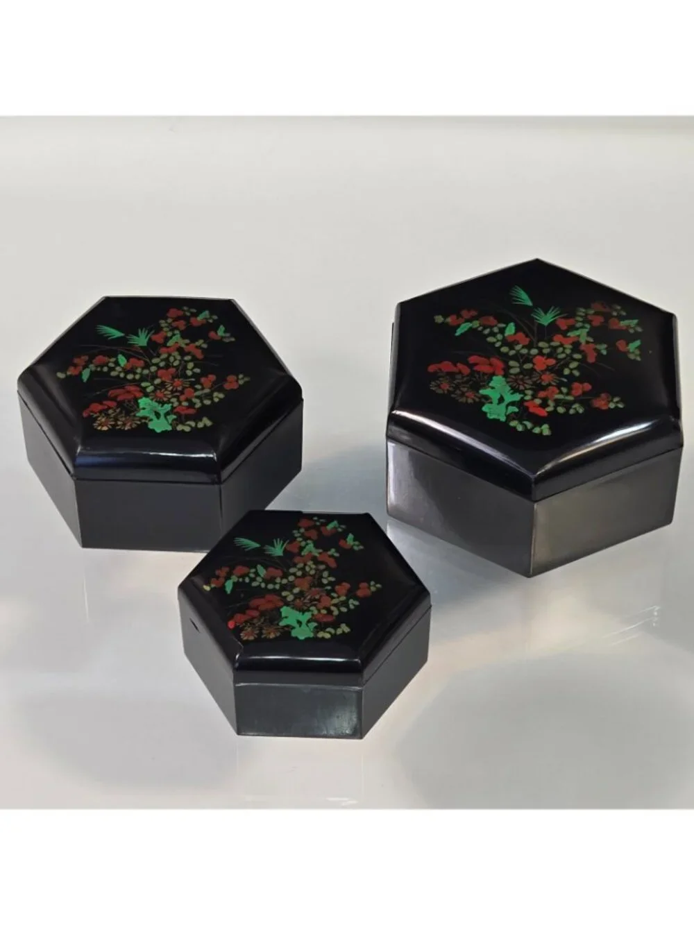 Vintage Set 3 Hexagonal Nesting Celluloid Floral Trinket Boxes Made in Hong Kong